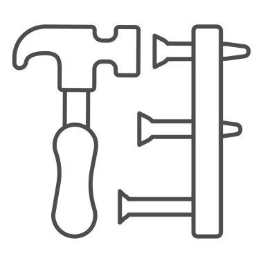 Çivi gibi ince çizgi ikonu, iş günü konsepti, beyaz arka planda marangozluk tabelası, mobil konsept ve web tasarımı için ana hatlarıyla çivi simgesine vuran çekiç ve tahta. Vektör grafikleri.