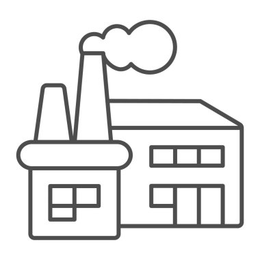 Bacalı ve dumanlı ince çizgi ikonlu bir fabrika, işçi bayramı konsepti, beyaz arka planda sanayi inşaat tabelası, mobil ve web için ana hatlı imalat silueti. Vektör grafikleri.