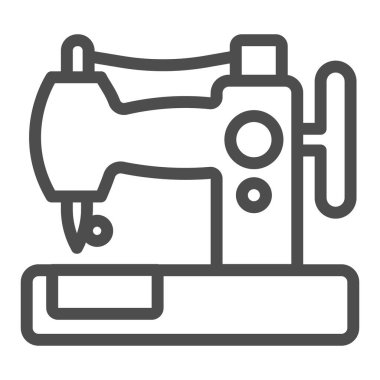 Antika mekanik dikiş makinesi çizgisi ikonu, çalışma günü konsepti, beyaz arka planda dikiş makinesi tabelası, mobil ve web tasarımı için ana hatlı dikiş makinesi simgesi. Vektör grafikleri.