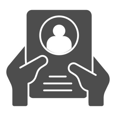 İşçi anketi elinde sağlam bir simge, çalışma günü konsepti, beyaz arka planda fotoğraf tabelası olan çalışma kâğıdı, mobil ve web için el ele tutuşma simgesi. Vektör grafikleri.