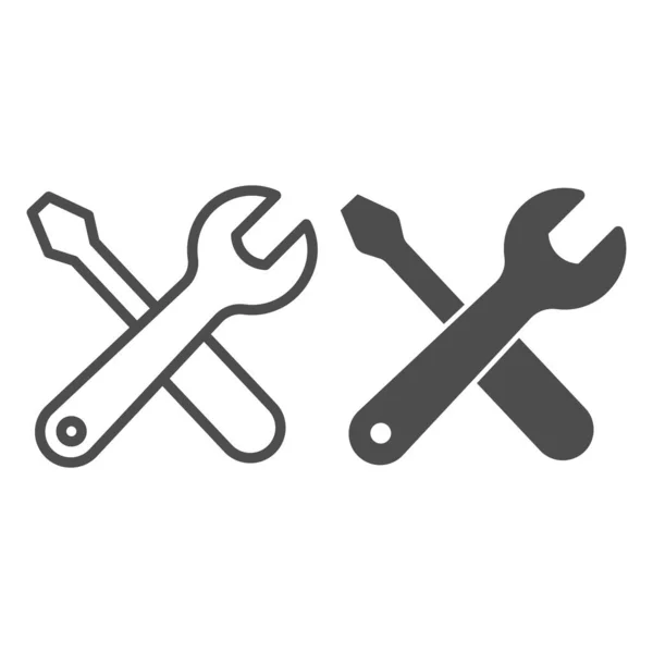 Línea de llave inglesa y destornillador e icono sólido, concepto del día del trabajo, letrero de equipo de reparación en fondo blanco, destornillador e icono de llave inglesa en estilo de esquema para el diseño móvil y web. Gráficos vectoriales. — Vector de stock