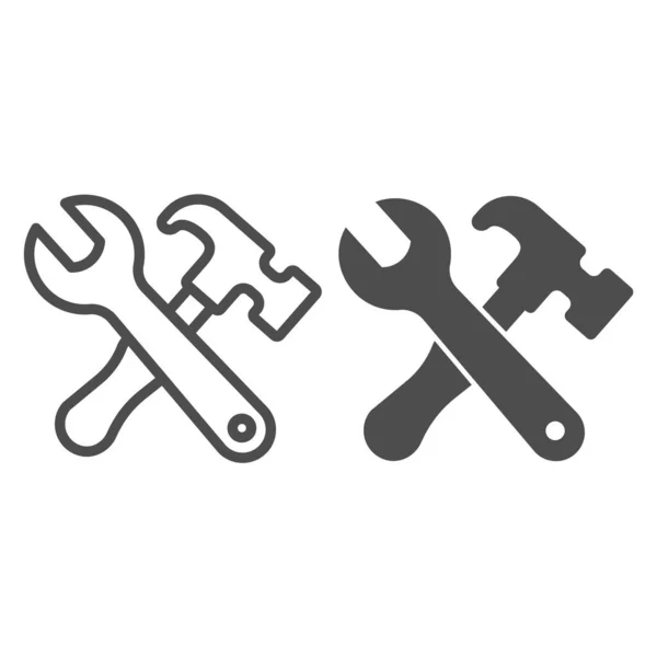 Klíč s kladivem a pevnou ikonou, koncept pracovního dne, nápis tesařské techniky na bílém pozadí, ikona kladiva a klíče ve stylu osnovy pro mobilní koncept a web design. Vektorová grafika. — Stockový vektor