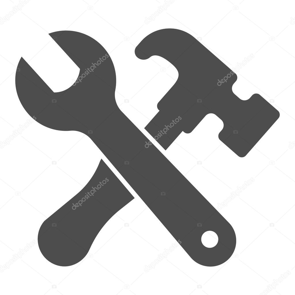 Wrench with hammer solid icon, labour day concept, carpentry equipment sign on white background, hammer and wrench icon in glyph style for mobile concept and web design. Vector graphics.