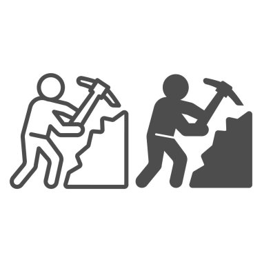 Kazma çizgisi ve katı ikonu olan madenci, iş günü konsepti, kömür yığını ve beyaz arka planda kazma işareti olan adam, taşınabilir konsept ve web tasarımı için Miner ikonu. Vektör grafikleri.