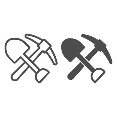 Kürek ve kazma hattı ve katı ikon, çalışma günü konsepti, beyaz arka planda çapraz sembol, mobil ve web tasarımı için ana hatlı maden ekipmanı ikonu. Vektör grafikleri.