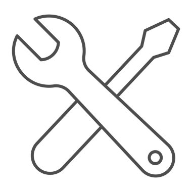 İngiliz anahtarı ve tornavida ince çizgi simgesi, çalışma günü konsepti, beyaz arka planda tamir ekipmanı tabelası, taşınabilir ve web tasarımı için ana hatlı anahtar simgesi. Vektör grafikleri.