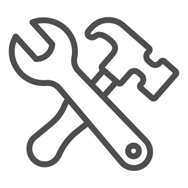 Klíč s ikonou kladiva, koncept pracovního dne, nápis tesařské techniky na bílém pozadí, ikona kladiva a klíče ve stylu osnovy pro mobilní koncept a web design. Vektorová grafika. — Stockový vektor