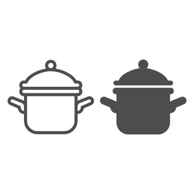 Kapak çizgisi ve sağlam ikona sahip tencere, Şükran Günü konsepti, beyaz arka planda güveç tabelası, mobil konsept ve web tasarımı için ana hatlı tencere simgesi. Vektör grafikleri.