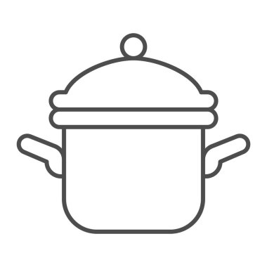 İnce çizgili kap, Şükran Günü konsepti, beyaz arka planda güveç tabelası, mobil konsept ve web tasarımı için ana hatlı tencere simgesi. Vektör grafikleri.