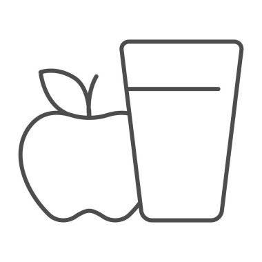 Meyve suyu ve elma suyu ikonu, Şükran Günü konsepti, beyaz arka planda elma hasadı tabelası, mobil ve web tasarımı için ana hatlı taze meyve suyu ikonu. Vektör grafikleri.