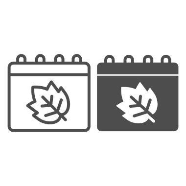 Yaprak çizgisi ve katı ikon içeren takvim, Şükran Günü konsepti, beyaz arka planda tarih sayfasında sonbahar yaprakları, ana hatlarıyla Kanada Şükran Günü ikonu. Vektör grafikleri.