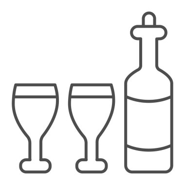 Şarap şişesi ve bardaklar ince çizgi ikonu, Şükran Günü konsepti, beyaz arka planda şarap kompozisyon işareti hasadı, şişe ve şarap bardakları ikonu ana hatlı. Vektör grafikleri.