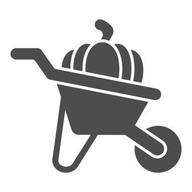 Katı ikon şeklinde balkabağı, Şükran Günü konsepti, beyaz arka planda balkabağı işareti olan el arabası, mobil ve web için harman ikonu olan bahçe arabası. Vektör grafikleri.