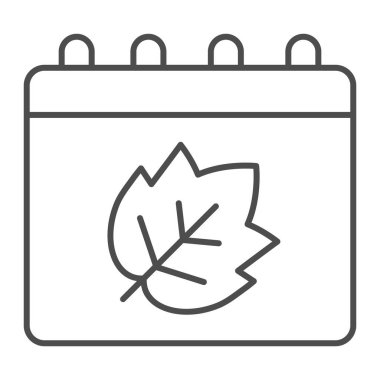 Yaprak ince çizgi ikonu, Şükran Günü konsepti, beyaz arka planda tarih sayfasında sonbahar yaprakları, ana hatlarda Kanada Şükran Günü ikonu. Vektör grafikleri.