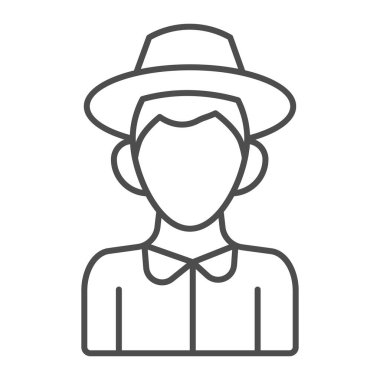 Çiftçi çocuk ince çizgi ikonu, Şükran Günü konsepti, beyaz arka planda şapkalı köylü sembolü, cep telefonu ve web tasarımı için tasarım tarzında şapka ikonu içindeki genç çiftçi karakteri. Vektör grafikleri.