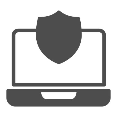 Kalkan sağlam ikona sahip dizüstü bilgisayar, web güvenlik konsepti, beyaz arka planda internet güvenlik işareti, mobil ve web için glifli bilgisayar ekranında veri koruması. Vektör grafikleri.