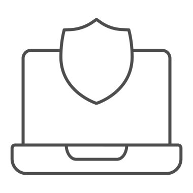Kalkan ince çizgi simgesine sahip dizüstü bilgisayar, web güvenlik konsepti, beyaz arka planda internet güvenlik işareti, mobil ve web için ana hatlı bilgisayar ekranında veri koruması simgesi. Vektör grafikleri.
