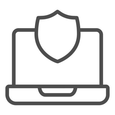 Kalkan çizgisi ikonuna sahip dizüstü bilgisayar, web güvenlik konsepti, beyaz arka planda internet güvenlik işareti, mobil ve web için ana hatlı bilgisayar ekranında veri koruması simgesi. Vektör grafikleri.