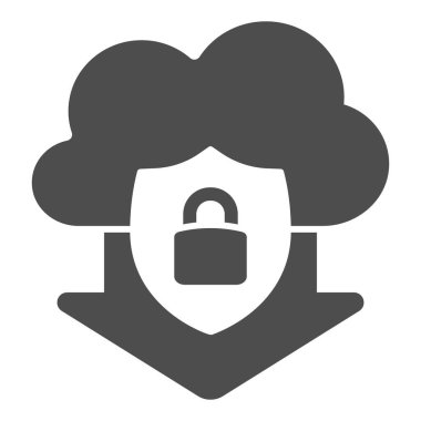 Ok ve koruma amblemi olan veri bulutu katı ikon, web güvenlik konsepti, beyaz arka planda kalkan indirme işareti, koruma servis simgesi gesinde glifli. Vektör grafikleri.