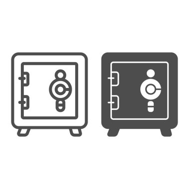 Kilit çizgisi ve sağlam ikon ile ofis kasası, web güvenlik konsepti, beyaz arka planda Data güvenlik işareti, mobil konsept ve web tasarımı için ana hatlı kasa simgesi. Vektör grafikleri.