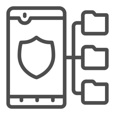Antivirüs ve dizin çizgisi ikonu olan akıllı telefon, web güvenlik konsepti, beyaz arka planda veri koruma işareti, akıllı telefon koruması ve ana hatlarda gizlilik simgesi. Vektör grafikleri.