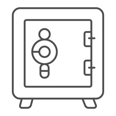 İnce çizgi ikonu, web güvenlik konsepti, beyaz arka planda Data güvenlik işareti, mobil konsept ve web tasarımı için ana hatlı kasa simgesi içeren bir ofis kasası. Vektör grafikleri.