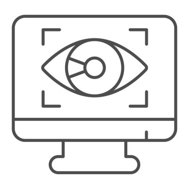 Göz ince çizgi ikonu, web güvenlik konsepti, beyaz arkaplandaki Siber göz sembolü, mobil konsept ve web tasarımı için ana hatlı uygulama izleme ikonu. Vektör grafikleri.