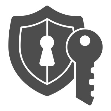 Anahtar deliği ve anahtar katı simgesi olan amblem, web güvenlik konsepti, beyaz arkaplandaki veri güvenlik işareti, cep telefonu, web tasarımı için sembol biçiminde kalkan simgesi olan dijital anahtar. Vektör grafikleri.