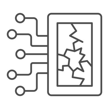 Kırık pencere ve ince çizgi simgesi, web güvenlik kavramı, beyaz arka planda arka kapı savunmasızlığı işareti, ana hatları kırık akıllı telefon simgesi. Vektör grafikleri.