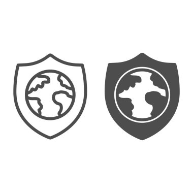 Dünya çizgisi ve katı ikon ile amblem, web güvenlik konsepti, beyaz arka planda Global Shield işareti, mobil konsept ve web tasarımı için siber güvenlik ikonu. Vektör grafikleri.
