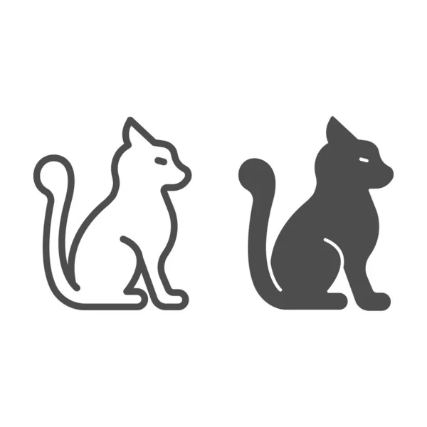 Katze mit flauschigem Schwanz und einheitlichem Symbol, Haustier-Konzept, Kätzchen-Sitting-Zeichen auf weißem Hintergrund, Silhouette eines pelzigen Katzen-Symbols im Outline-Stil für Mobil- und Webdesign. Vektorgrafik. — Stockvektor