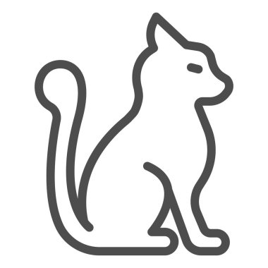 Kabarık kuyruk çizgisi ikonu olan kedi, evcil hayvan konsepti, beyaz arka planda kedi oturma tabelası, mobil ve web tasarımı için ana hatlı kedi ikonu silueti. Vektör grafikleri.