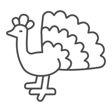 Tavuskuşu ince çizgi ikonu, evcil hayvan konsepti, beyaz arka planda Peafowl işareti, mobil konsept ve web tasarımı için ana hatlı tavus kuşu silueti simgesi. Vektör grafikleri.