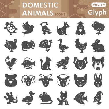 Domestic animals solid icon set, pets symbols collection or sketches. Farm animals glyph style signs for web and app. Vector graphics isolated on white background.