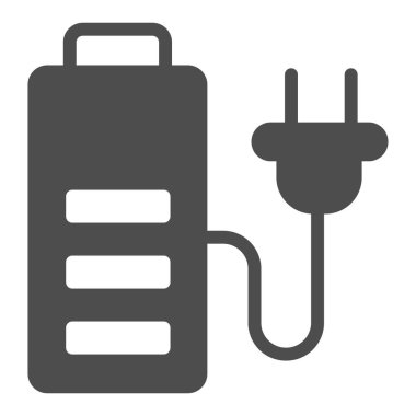Battery and cord with plug solid icon, electric car concept, charge symbol on white background, battery and electric plug icon in glyph style for mobile and web design. Vector graphics.