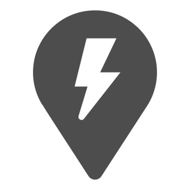 Konum haritası pin ve yıldırımlı katı simge, elektrikli araba konsepti, beyaz zemin üzerinde yeniden şarj noktası işareti, mobil ve web için glifli bir simge ile harita işareti. Vektör grafikleri.