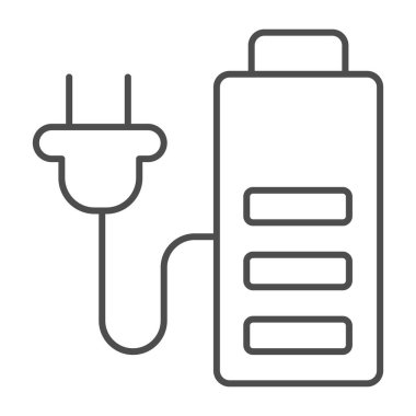 Battery and cord with plug thin line icon, electric car concept, charge symbol on white background, battery and electric plug icon in outline style for mobile and web design. Vector graphics.