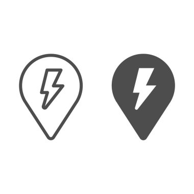 Konum haritası pin ve yıldırım çizgisi ve katı ikon, elektrikli araba konsepti, beyaz arkaplanda yeniden şarj noktası işareti, mobil ve web için taslak biçimli bir yıldırım ikonu ile harita işareti. Vektör grafikleri.