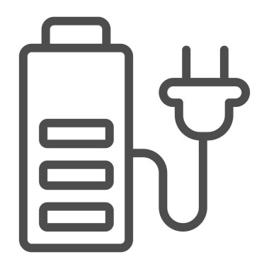 Battery and cord with plug line icon, electric car concept, charge symbol on white background, battery and electric plug icon in outline style for mobile and web design. Vector graphics.