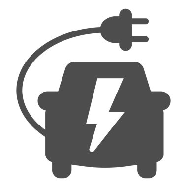 Car with plug cord and lightning solid icon, electric car concept, charging vehicle sign on white background, electric ecological transport icon in glyph style for mobile. Vector graphics.