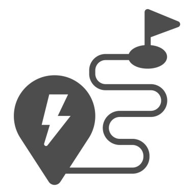 Route and location pin with lightning solid icon, electric car concept, Charge geo tag on map sign on white background, Route to ev refueling icon in glyph style. Vector graphics.