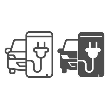 Electric car and smartphone with plug line and solid icon, electric car concept, Monitoring electric car charging sign on white background, smart phone app with plug icon in outline style. Vector.