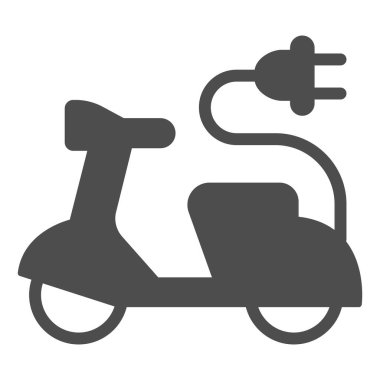Electric scooter and cord with plug solid icon, electric car concept, EV bike sign on white background, Green transport Symbol in glyph style for mobile and web design. Vector graphics.