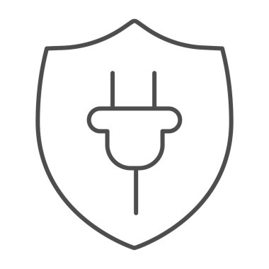 Protection emblem and plug thin line icon, electric car concept, protect alternative electrical energy resources sign on white background, Plug and Shield icon in outline style. Vector graphics.