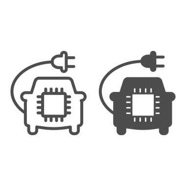 Car with plug and processor chip line and solid icon, electric car concept, Car Circuit Board sign on white background, Smart Automobile icon in outline style for mobile and web. Vector graphics.