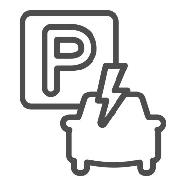 Electric car at parking line icon, electric car concept, Electrical car parking symbol on white background, EV charging station icon in outline style for mobile and web. Vector graphics.