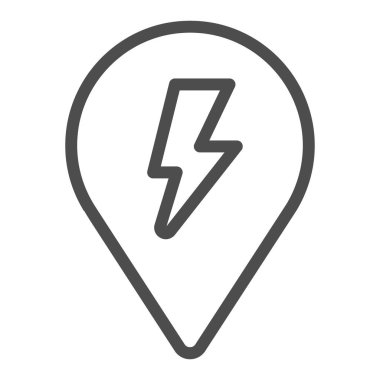 Konum haritası pin ve yıldırım çizgisi simgesi, elektrikli araba konsepti, beyaz zemin üzerinde yeniden şarj noktası işareti, mobil ve web için taslak biçimli bir yıldırım ikonu ile harita işareti. Vektör grafikleri.