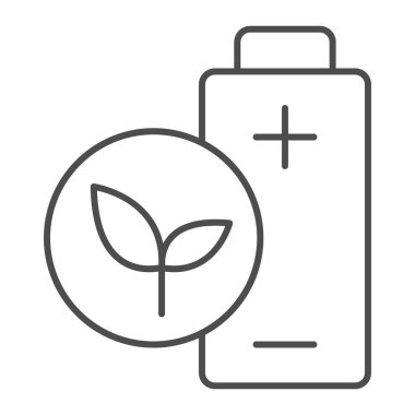 Eco battery thin line icon, electric car concept, Green energy logo sign on white background, Green leaf and battery sign in outline style for mobile concept and web design. Vector graphics.