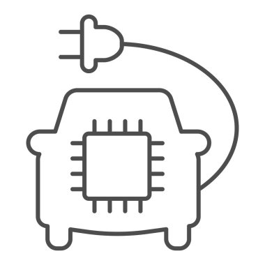 Car with plug and processor chip thin line icon, electric car concept, Car Circuit Board sign on white background, Smart Automobile icon in outline style for mobile and web. Vector graphics.