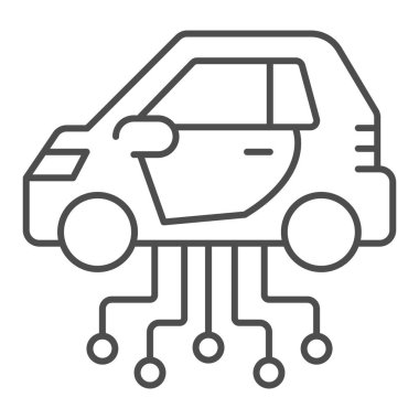 Vehicle and communication lines thin line icon, electric car concept, car technology features sign on white background, Electric Car and network icon in outline style. Vector graphics.